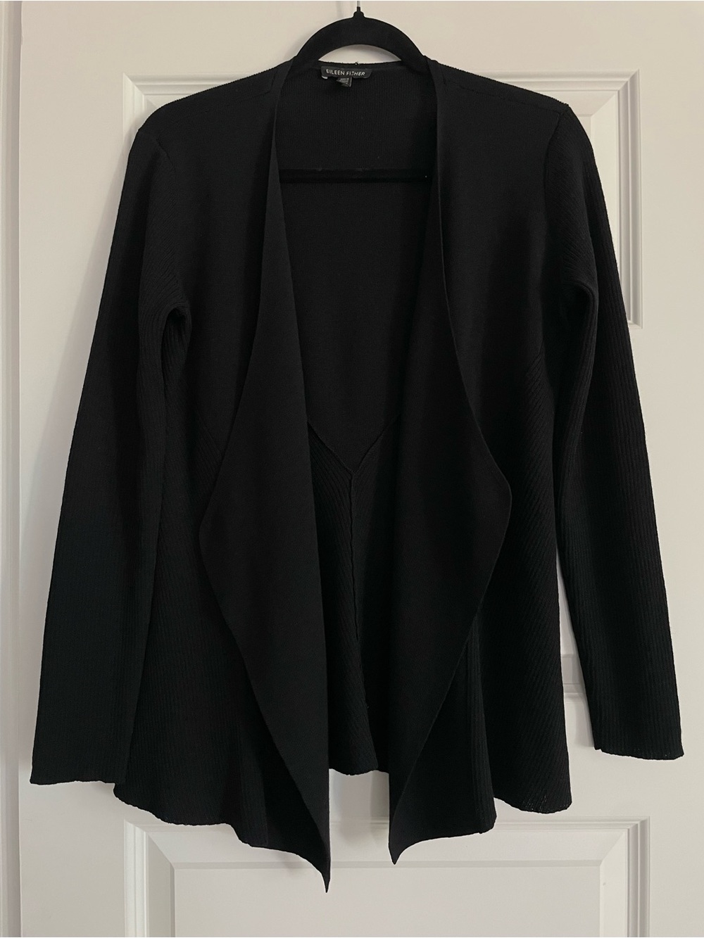 Eileen Fisher 100% wool Black Open-Front Knit Wrap Cardigan